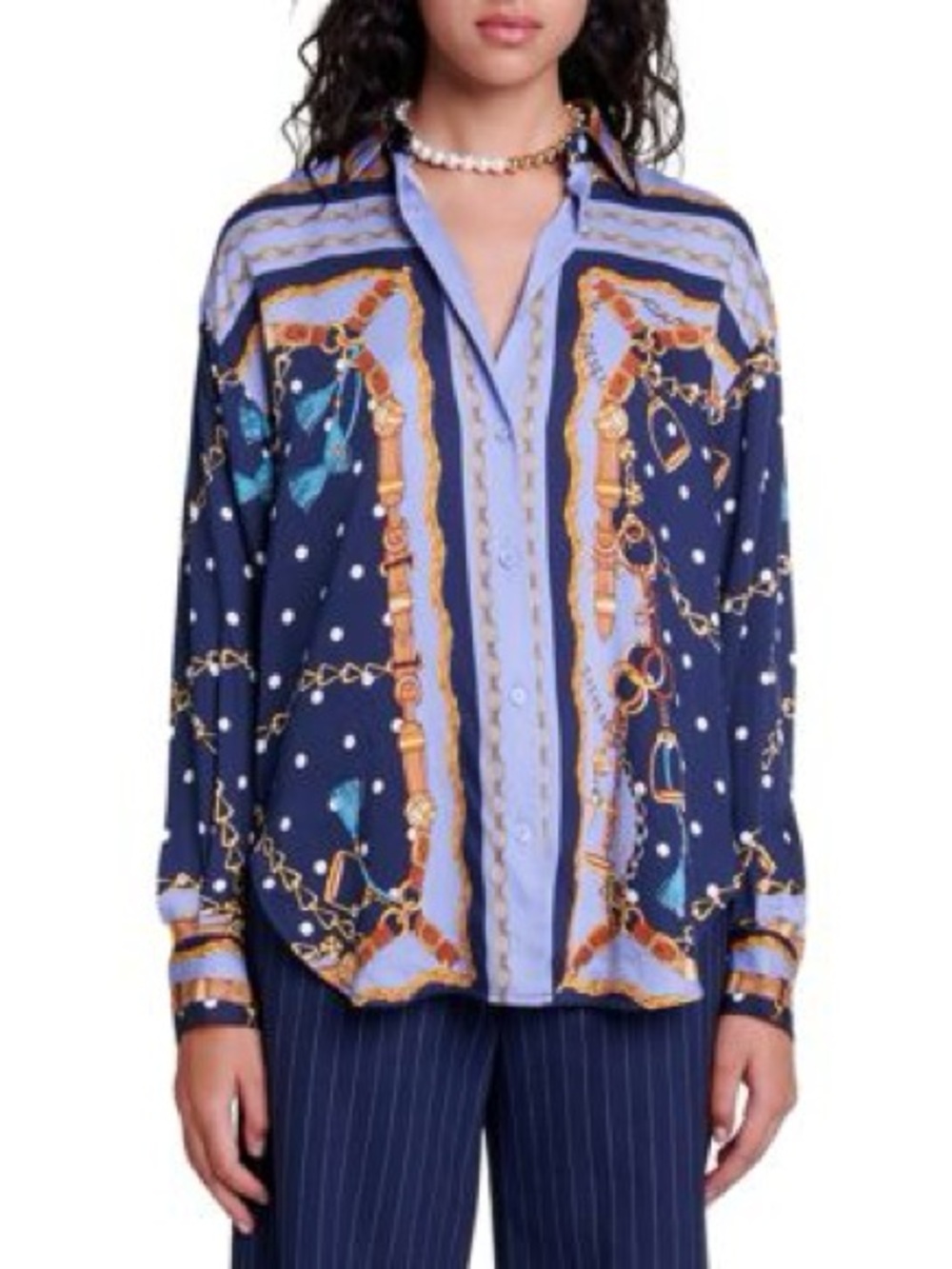 Maje Navy Blue Light Lavender Gold Chain Print Button-Up Blouse